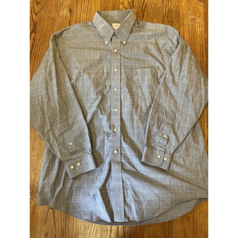Brooks Brothers 346 Men's Dress Shirt 17.5 4/5 Grey Plaid Button Down Cotton
